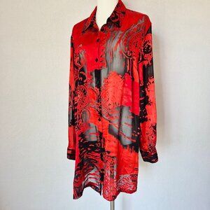 Vintage Chico's Design Silk Blend Burnout Long Tunic Shirt Button Red Black Sz.2